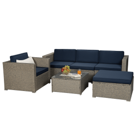 Outdoor Garden Patio Furniture 6-Piece Brown PE Rattan Wicker Sectional  Cushioned Sofa Sets (Color: gray)