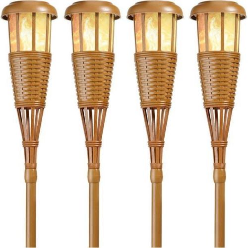 LED Island Torches, Dusk-to-Dawn Dancing Flame Outdoor Landscape Lighting, Bamboo Finish, 4-Pack