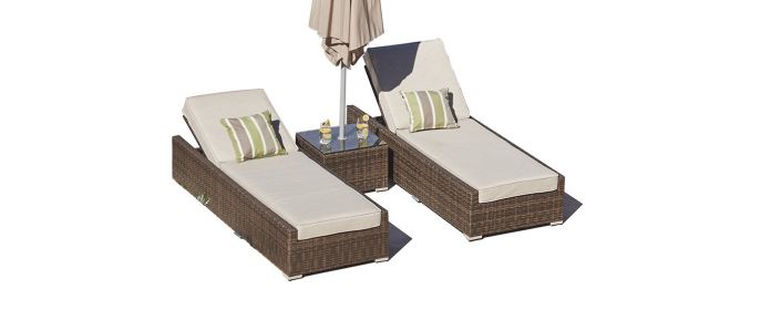Direct Wicker Outdoor 3PCS Deluxe Patio Adjustable Wicker Rattan Chaise Lounge Set with Cushions and Table (Color: brown)