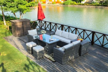 Direct Wicker 7 PCS Outdoor PE Rattan Wicker Sofa Rattan Patio Garden Furniture;  With Wide Cabinet;  Gray (Color: grey)