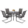 MEOOEM Patio  C Spring Textilene Dining Set  Bistro Set Outdoor Furniture Square Bistro Metal Table Side Table and Dining Chairs