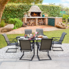 MEOOEM Patio  C Spring Textilene Dining Set  Bistro Set Outdoor Furniture Square Bistro Metal Table Side Table and Dining Chairs